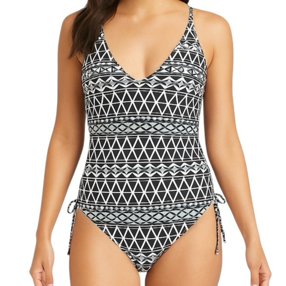 Time and Tru Women's One Piece Swimsuit L Black & White Geometric Side Leg Ties